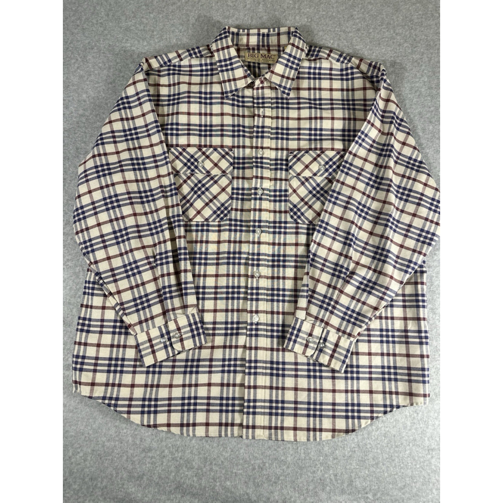 Big Mac Workwear Plaid Flannel Shirt Men’s XL Cream Blue Burgundy Button Up